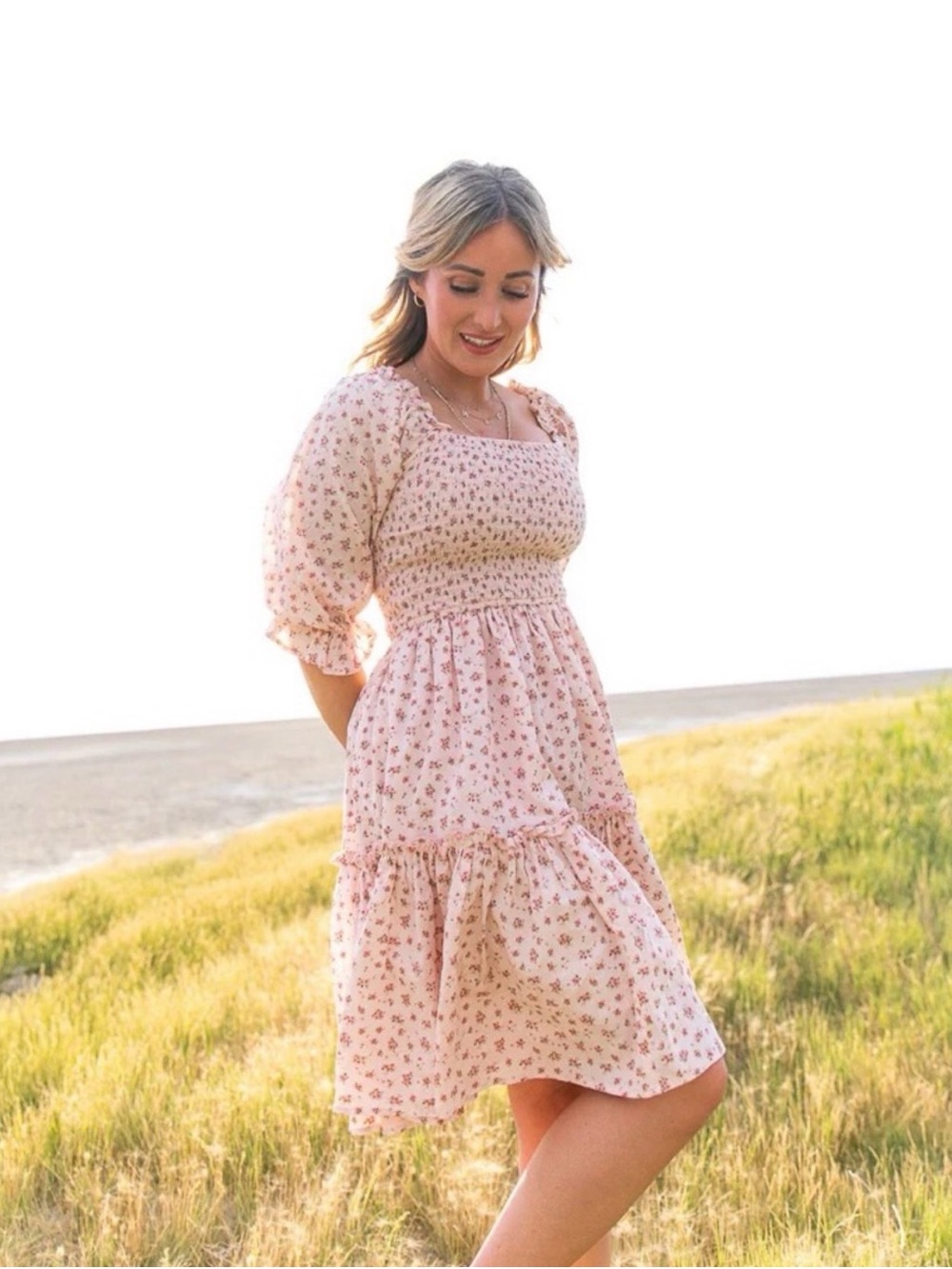 Ivy City Co. Short Madeline dress Pink Floral Smocked Puff Sleeve Dress Sz XS
